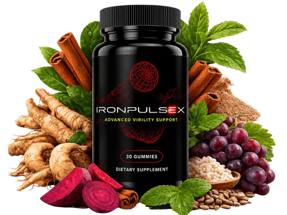 IronPulseX advanced virility support gummies bottle surrounded by its botanical ingredients: maca root, beet root, grape seed and horny goat weed